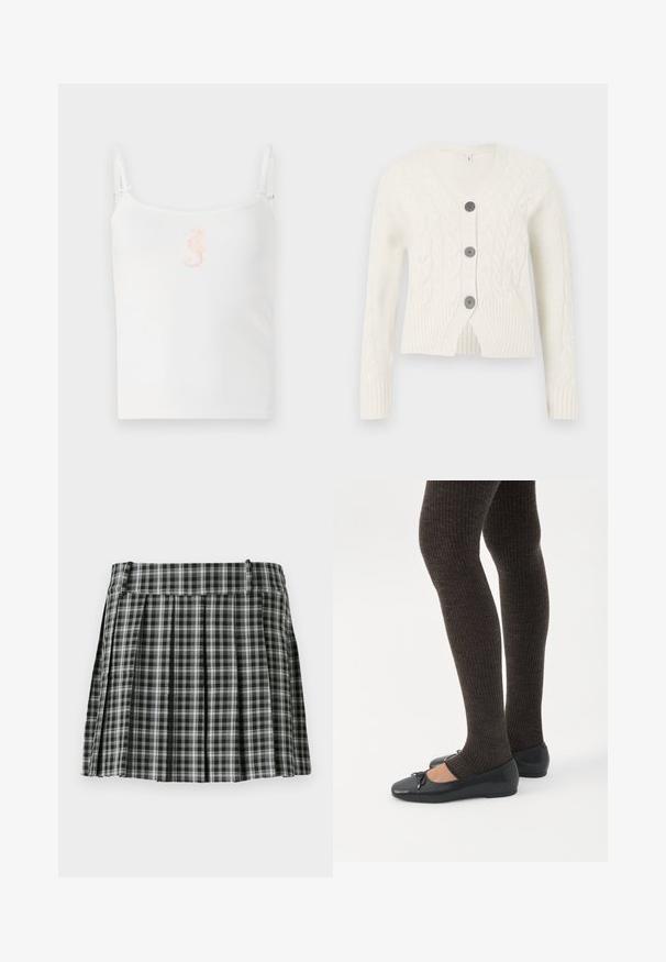 Hvid strikket cardigan med V-hals, med et kabelmønster, tre mørke knapper og ribbede manchetter og kant. Forkortet længde.; Hvid ribbet tanktop med tynde stropper, med et lille pink søhestedesign i midten. Glat tekstur, afslappet pasform.; Sort-hvidt ternet plisseret nederdel med en glat talje og flere lodrette folder. Fremstillet af let stof.; Ben iført mørke ribbede leggings kombineret med sorte balletsko med små sløjfedetaljer på hvid baggrund.