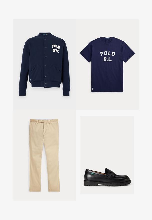 Chaqueta varsity azul marino con botones, puños y dobladillo acanalados, bolsillos frontales y texto blanco "POLO NYC" en el pecho.; Camiseta azul marino de manga corta con texto blanco "POLO R.L." centrado en el pecho y pequeño logo blanco de Polo Ralph Lauren cerca del dobladillo inferior.; Pantalones beige de corte recto con trabillas para cinturón y cremallera frontal, colocados planos sobre un fondo blanco.; Mocasín de cuero negro con suela gruesa, puntera redondeada y etiqueta verde con el logo Polo en el lateral.