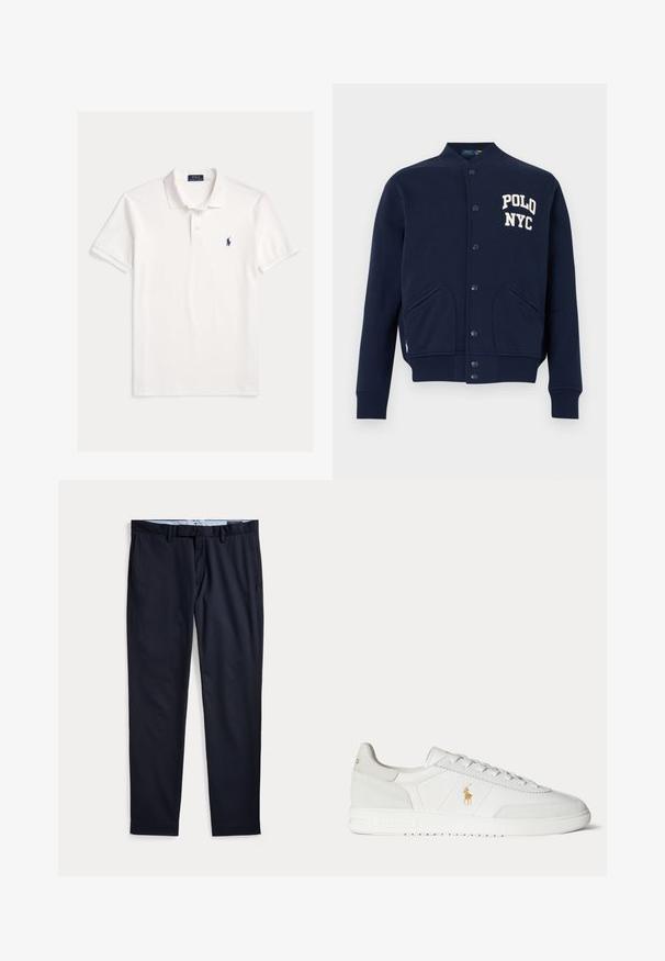 Tmavomodrá varsity bunda na zapínanie s rebrovanými manžetami a lemom, prednými vreckami a bielym nápisom „POLO NYC“ na hrudi.; Biela krátky rukáv Polo Ralph Lauren košeľa s golierom, zapínaním na dva gombíky a malým tmavomodrým vyšívaným logom koňa na ľavej strane hrudníka.; Pánske spoločenské nohavice námornícko modrej farby s pútkami na opasok, zipsom a bočnými vreckami, položené na bielom pozadí.; Biela nízka teniska so šnurovaním, zlaté logo Polo Ralph Lauren na boku a textúrovaná podrážka na jednofarebnom pozadí.