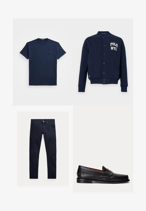 Marineblå varsityjakke med knapper, ribbet ved manchetter og kant, forlommer og hvid tekst "POLO NYC" på brystet.; Mørkeblå bomulds t-shirt med korte ærmer, rund halsudskæring og et diskret broderet logo på venstre bryst. Glat tekstur, enkelt design.; Mørkeblå denimjeans med en slank pasform. Har fem lommer, lynlås og lukning med metal-knap. Glat tekstur med minimal falmning.; Sort læderloafer med lav hæl og pennyremdetalje, vist fra siden på en lysegrå baggrund.