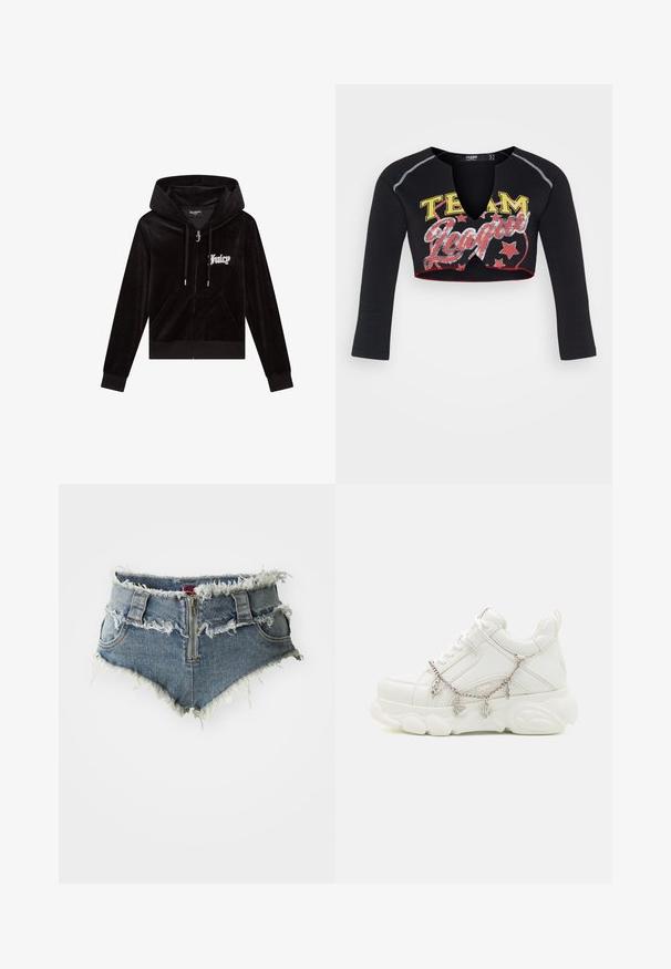 Zwarte fluwelen hoodie met ritssluiting, gevoerde capuchon, voorzakken en het "Juicy" logo in witte schrift op de linkerkant van de borst. Zachte textuur.; Jaded London CROPPED RAGLAN WITH CONTRAST STITCH & PLACEMENT SCREEN PRINT - Longsleeve - mehrfarbig; Denim shorts met rafelige zoom, hoge taille, rits aan de voorkant en twee zijzakken. Het materiaal is een vervaagde blauwe denim met versleten details.; Witte sneakers met een dikke zool, een gestructureerde leren bovenkant en een decoratieve metalen ketting met bedels. Voorzien van vetersluiting en een gevoerd kraagje.