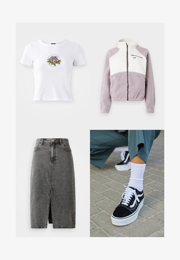 Fleecejakke med høj krave, med en hvid øverste sektion og lavendel nederste sektion. Lynlåslommer og detaljerede syninger.; Hvid kortærmet t-shirt med tætsiddende design, som har et centreret broderet rosen grafisk motiv og cirkulær tekst omkring blomsten.; Højtaljet, falmet sort denim midi-nederdel med en frontslids, bæltesløjfer og klassisk fem-lomme design.; Sorte ruskinds sneakers med hvide accenter og snørebånd, der har en tyk hvid sål og kontrasterende syninger, parret med en hvid sok.
