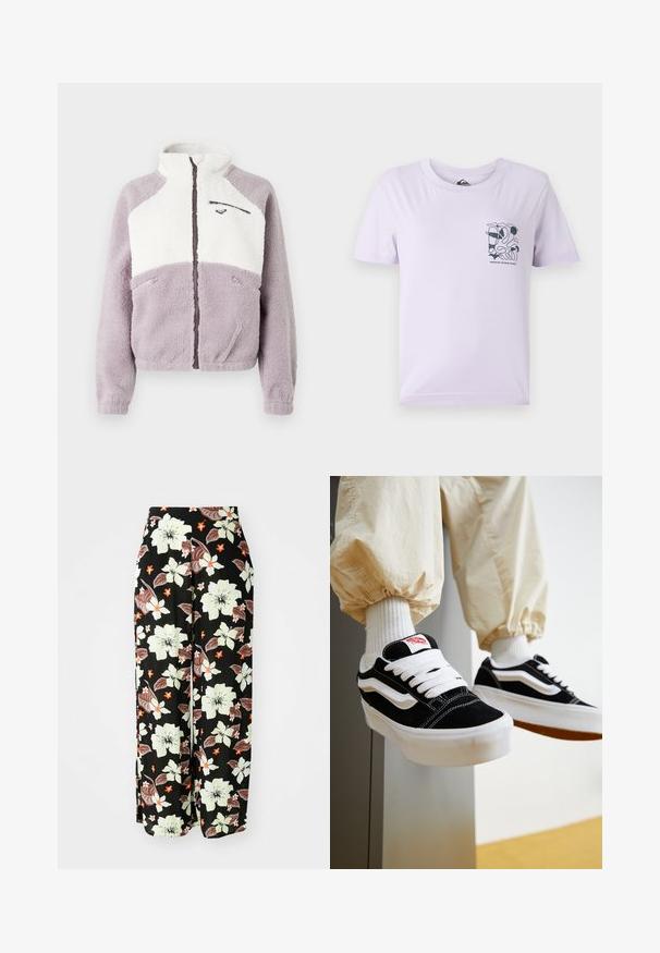 Chaqueta de forro polar con cuello alto, con una sección superior blanca y una sección inferior lavanda. Bolsillos con cremallera y costuras detalladas.; Camiseta de manga corta de color púrpura claro, hecha de algodón, con un diseño abstracto negro y texto en la parte izquierda del pecho.; Pantalones negros con flores grandes en blanco, naranja y marrón, con un diseño suelto de pierna ancha y una tela suave y ligera.; Persona que lleva zapatillas Vans negras y blancas con cordones blancos, calcetines blancos y pantalones beige con puños elásticos.