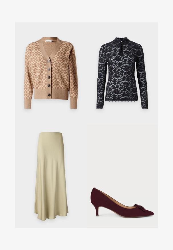 Beige cardigan med et brunt cirkulært mønster, v-hals design og seks mørke knapper. Har ribbede manchetter og kant. Blødt, struktureret stof.; Rosemunde Langærmet T-shirt - black; Lang, flydende beige nederdel lavet af blødt stof. Den har en glat overflade og et enkelt, minimalistisk design uden synligt hardware.; Bordeaux ruskindpumpe med spids tå, lille hæl og en knytta sløjfe accentueret på vampsiden; glat tekstur og strømlinet design.