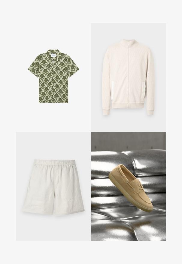 Lichtbeige jas met rits en een opstaande kraag, voorzien van een getextureerd diamantpatroon, geribbelde manchetten en twee zijzakken met witte accenten.; Korte mouwen overhemd met een groen bloemenpatroon op een licht beige achtergrond. Heeft een kraag en een label met de tekst "Les Deux".; Licht beige linnen shorts met een elastische tailleband, met een relaxed fit en minimale naden voor een eenvoudig, casual ontwerp.; Beige suède bootschoen met veterdetails, zwevend boven een glanzend, metallic zilveren getufte leren oppervlak.