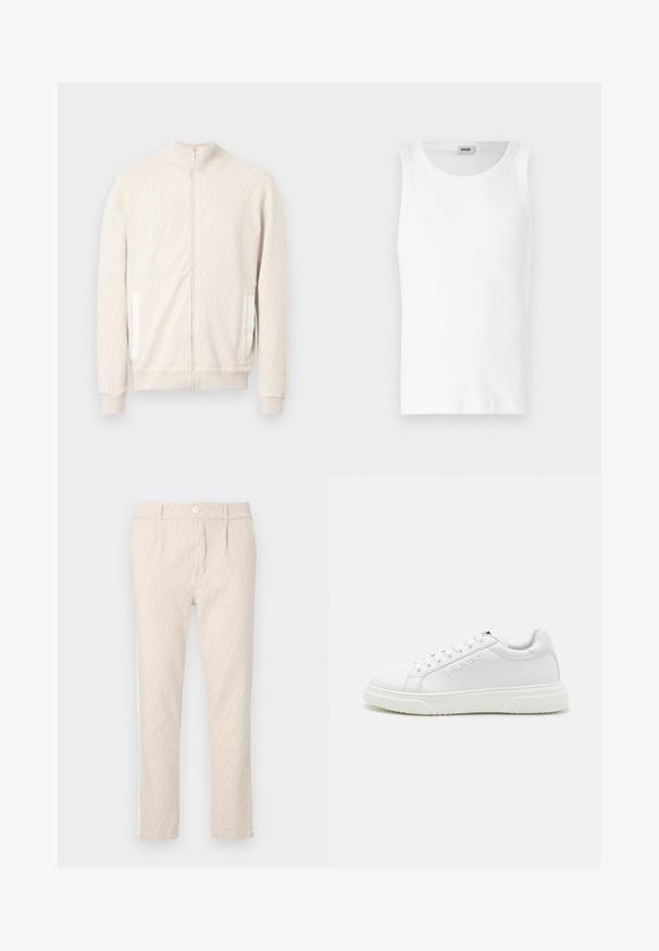 Veste zippée beige clair avec col montant, présentant un motif texturé en losanges, des poignets côtelés et deux poches latérales avec des accents blancs.; Débardeur en coton blanc sans manches avec un col rond et une texture lisse. Design simple, sans motifs ni accents.; Pantalon beige à motifs avec un design discret de feuilles, bien coupé, fermeture par bouton et poches latérales. Texture de tissu lisse.; Baskets en cuir blanc à design bas, dotées de surpiqures tonales et d'une semelle en caoutchouc texturé. Marque en relief sur le côté.