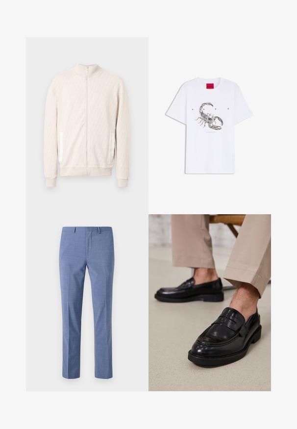 Veste zippée beige clair avec col montant, présentant un motif texturé en losanges, des poignets côtelés et deux poches latérales avec des accents blancs.; T-shirt blanc avec un graphisme détaillé de scorpion noir centré, texte "HUGO" en lettres espacées au-dessus du scorpion, et étiquette de marque rouge sur le col.; Pantalons en bleu clair, coupe ajustée, tissu texturé, devant plat, poches latérales inclinées et ceinture lisse avec passants.; Mocassins en cuir noir avec une finition lisse, ornés d'une sangle décorative et de coutures contrastées, associés à un pantalon beige.