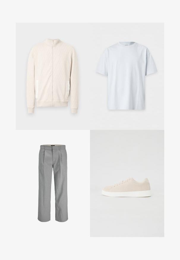 Veste zippée beige clair avec col montant, présentant un motif texturé en losanges, des poignets côtelés et deux poches latérales avec des accents blancs.; T-shirt blanc uni à manches courtes et col rond, posé à plat sur un fond blanc.; Pantalons gris clair en tissu texturé, dotés de plis à l'avant, de jambes droites et d'une taille standard pour la fermeture.; Baskets en daim beige avec semelles en caoutchouc blanc, bout rond et six œillets pour les lacets. Texture lisse avec un design minimaliste.