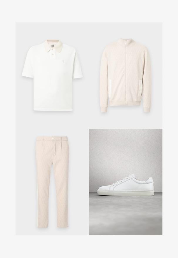 Hellbeige Reißverschlussjacke mit Stehkragen, verfügt über ein strukturiertes Diamantmuster, gerippte Bündchen und zwei Seitentaschen mit weißen Akzenten.; Weißes Poloshirt mit kurzen Ärmeln, beigem Kragen, zwei Knöpfen, strukturierter Stoff und kleinem, auf der Brust gesticktem Logo.; Beige gemusterte Hose mit dezentem Blattmuster, gut geschnitten, mit Knopfverschluss und Seitentaschen. Glatte Stofftextur.; Weißer Sneaker mit glattem Lederobermaterial und niedrigem Profil. Verfügt über eine runde Zehenpartie, sechs Ösen und eine strukturierte Gummisohle.
