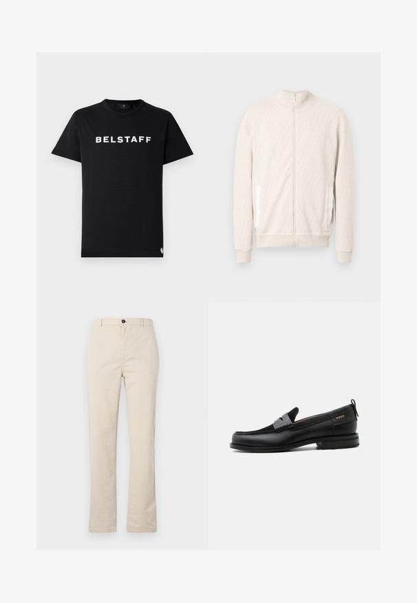 Hellbeige Reißverschlussjacke mit Stehkragen, verfügt über ein strukturiertes Diamantmuster, gerippte Bündchen und zwei Seitentaschen mit weißen Akzenten.; Schwarzes Baumwoll-T-Shirt mit Rundhalsausschnitt, kurzen Ärmeln und weißem "BELSTAFF"-Logo, das über die Brust gedruckt ist.; Helle beige Baumwollhose mit geradem Bein, vorn mit Knopfverschluss, Reißverschluss und minimalen Nähten.; Schwarzer Lederloafer mit grauem Riemendetail, niedrigem Absatz und strukturierter Sohle, seitlich mit „HUGO“ in Gold gebrandmarkt.