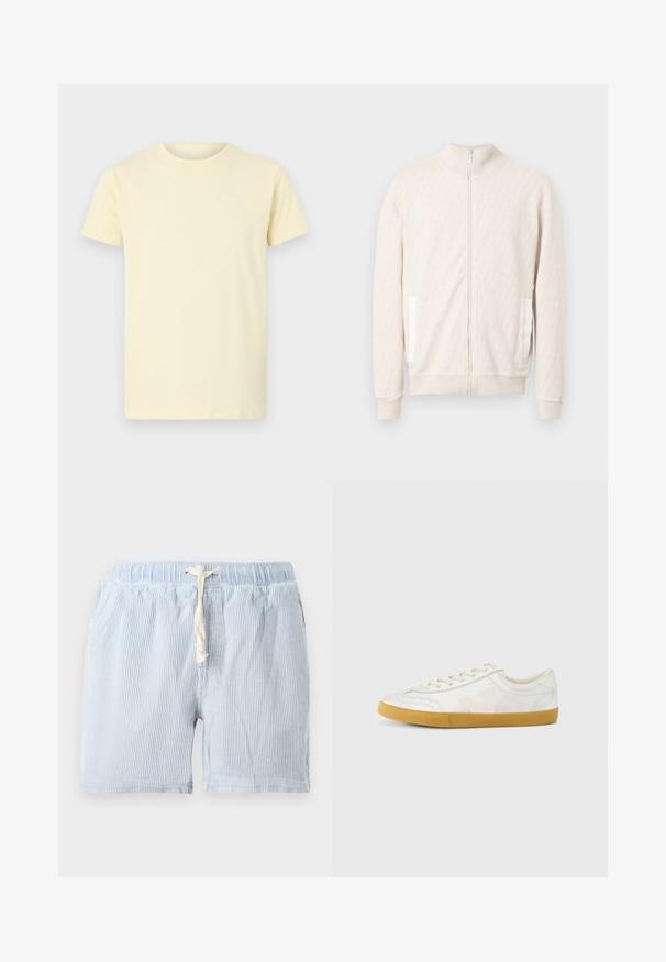 Veste zippée beige clair avec col montant, présentant un motif texturé en losanges, des poignets côtelés et deux poches latérales avec des accents blancs.; T-shirt en coton jaune clair à manches courtes et col rond ; présente un petit logo blanc sur le haut à gauche de la poitrine.; Shorts rayés bleu clair en tissu doux avec une taille élastique et un cordon de serrage. Comprend des poches latérales et une coupe décontractée.; Baskets en cuir blanc à texture lisse, avec un logo "V" beige, un bout rond, un design à lacets et une semelle en caoutchouc gomme.