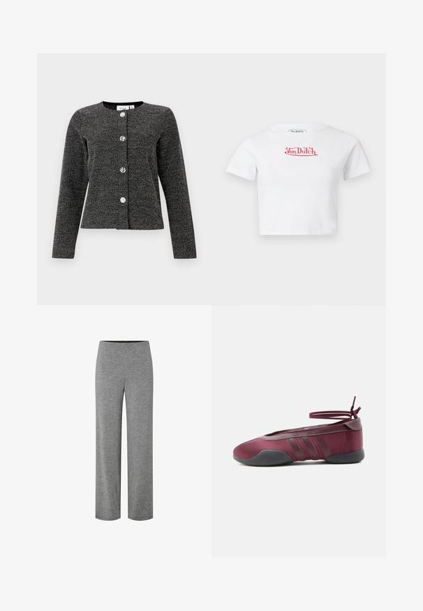 Veste texturée noire et argentée avec un col rond, des manches longues et quatre boutons brillants bien en vue sur le devant.; T-shirt blanc court à manches courtes avec logo rouge "Von Dutch" centré sur la poitrine sur fond uni.; Pantalon droit en tricot gris avec taille élastique, conçu pour une tenue décontractée ou de détente.; Ballerine bordeaux avec semelle noire, brides élastiques à la cheville nouées en nœud, et détails cousus sur les côtés, vue de l'extérieur.
