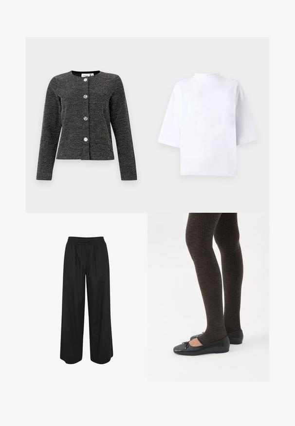 Chaqueta texturizada en negro y plateado con cuello redondo, mangas largas y cuatro botones brillantes prominentes en la parte frontal.; Top blanco de algodón de manga corta con escote alto y redondeado y ajuste holgado. Textura suave, sin patrones ni detalles visibles.; Pantalones negros de pierna ancha con cintura elástica y cordón, hechos de tela ligera, mostrados sobre un fondo blanco.; Piernas con leggings oscuros acanalados combinados con bailarinas negras que presentan pequeños detalles de lazo sobre un fondo blanco.