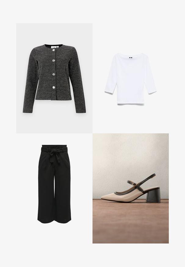 Veste texturée noire et argentée avec un col rond, des manches longues et quatre boutons brillants bien en vue sur le devant.; Chemise blanche à manches trois-quarts en tissu mélangé coton ; présente un large col bateau et une texture lisse et légère.; Pantalons larges noirs en tissu léger, dotés d'une ceinture à nouer à la taille et de détails plissés à l'avant pour un ajustement structuré.; Chaussure beige à talons hauts avec bride arrière, bout pointu, bordure noire et détail boucle. Matériau lisse à finition mate, talon moyen épais.
