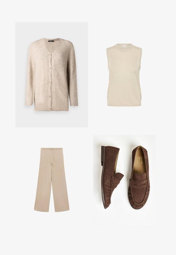 Hellbeige Strickjacke aus weichem, flauschigem Material. Mit V-Ausschnitt, langen Ärmeln und sechs dekorativen goldenen Knöpfen auf der Vorderseite.; Ärmelloses Stricktop in hellbeige. Verfügt über einen runden Ausschnitt und nahtlose Schultern. Sanfte Textur für angenehmen Tragekomfort. Einfaches Design.; Beige weit geschnittene Hose aus weichem Stoff, mit einem Kordelzugbund und glatter Textur, ohne Muster oder zusätzliche Hardware.; Braune Wildleder-Loafer mit flachem Absatz, die ein gefältetes Design und gestickte Akzente aufweisen. Das Innenfutter hat eine hellfarbige Ausführung.