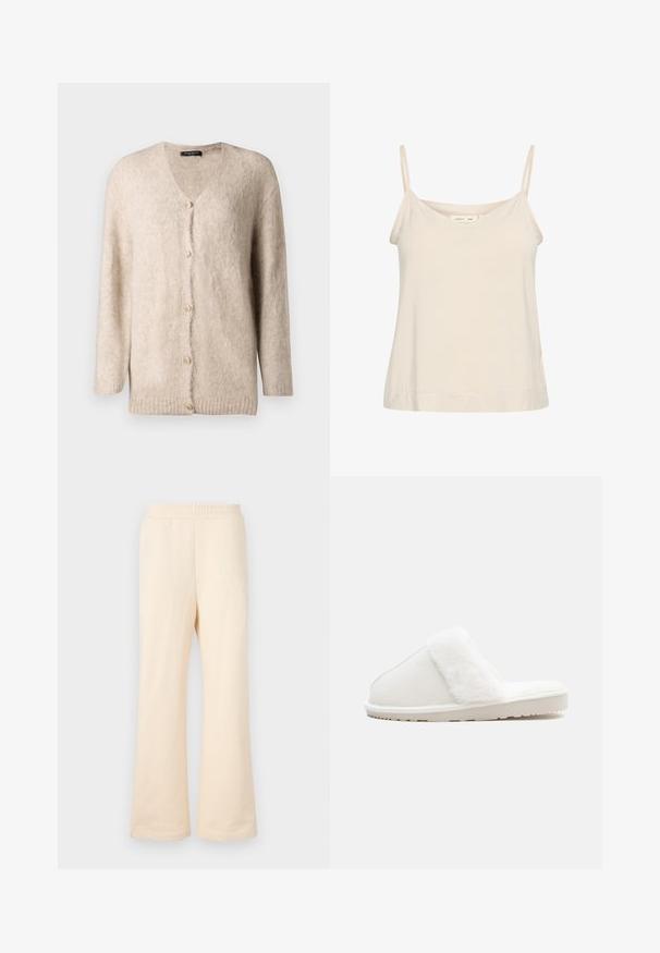 Hellbeige Strickjacke aus weichem, flauschigem Material. Mit V-Ausschnitt, langen Ärmeln und sechs dekorativen goldenen Knöpfen auf der Vorderseite.; Helle beige Spaghettiträgershirt aus weichem Stoff, mit dünnen, verstellbaren Trägern und einem V-Ausschnitt sowie einer leicht lockeren Passform.; Beige weite Sweatpants aus weicher Baumwolle mit einem elastischen Bund und einem dezenten gestickten Logo auf der linken Vorderseite.; Weißer Hausschuh mit einem weichen Kunstfellband, Filzoberteil, gepolsterter Sohle und einer strukturierten Gummisohle für rutschfesten Halt. Einfaches, rundes Design.