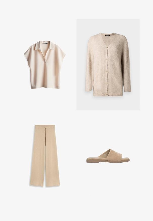 Hellbeige Strickjacke aus weichem, flauschigem Material. Mit V-Ausschnitt, langen Ärmeln und sechs dekorativen goldenen Knöpfen auf der Vorderseite.; Helles, kurzärmliges Strickpolo-Shirt in Creme mit spitzem Kragen und tiefem V-Ausschnitt. Glatte Textur und entspannter Schnitt, keine sichtbaren Beschläge.; Beige weit geschnittene Hose mit Tunnelzugbund, flach auf weißem Hintergrund ausgelegt.; Beige Wildleder offene Zehen flache Pantoffel mit breitem Riemen und gepolsterter Innensohle, auf weißem Hintergrund dargestellt.
