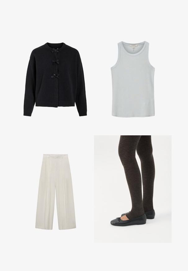 Sort strikket cardigan med rund halsudskæring og tre dekorerede knapper, der har sorte sløjfer og pailletter. Løs pasform med ribbede manchetter.; Lysegrå ribbet ærmeløs top med rund halsudskæring, lavet af AllSaints, vist på en ensartet hvid baggrund.; Bredde bukser i lys beige med lodrette hvide striber. Har høj talje, plisseret front og glat tekstur.; Ben iført mørke ribbede leggings kombineret med sorte balletsko med små sløjfedetaljer på hvid baggrund.