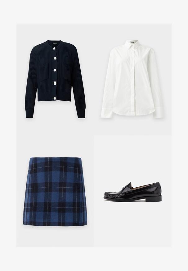 Cardigan bleu marine côtelé avec manches longues, encolure ronde et cinq boutons blancs. Comprend deux poches avant et un motif en tricot texturé.; Chemise blanche en coton à manches longues avec un col pointu, fermeture à boutons sur le devant et ourlet arrondi. Texture lisse, coupe régulière et sans motifs.; Jupe mini en tartan bleu foncé et marine, fabriquée en tissu doux avec une finition légèrement texturée. Présente une coupe droite et des lignes épurées.; Mocassin en cuir noir avec une finition brillante, présentant des franges à l'avant et un petit talon empilé.