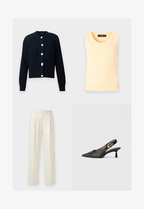 Marineblå ribstrikket cardigan med lange ærmer, rund halsudskæring og fem hvide knapper. Har to forlommer og tekstureret strikkedesign.; Ærmeløs ribstrikket tanktop i bleg gul med rund halsudskæring og sort mærke indvendigt i kraven.; Cremefarvede bukser med skræddersyet pasform, der har lige front, plisseringer og lige ben lavet af et blødt, tekstureret stof.; Sort slingback højhælt sko med spids tå, glat læderstruktur og en guldfarvet spændeaccent på remmen.