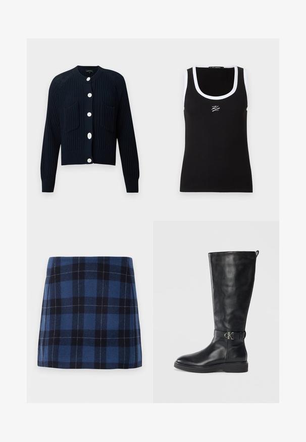 Cardigan bleu marine côtelé avec manches longues, encolure ronde et cinq boutons blancs. Comprend deux poches avant et un motif en tricot texturé.; Débardeur noir à côtes avec un bord blanc et un col arrondi. Présente un petit logo brodé blanc à l'avant.; Jupe mini en tartan bleu foncé et marine, fabriquée en tissu doux avec une finition légèrement texturée. Présente une coupe droite et des lignes épurées.; Botte noire en cuir montante jusqu'au genou avec un petit talon, bout rond et une sangle à boucle métallique avec le logo "CK" autour de la cheville.