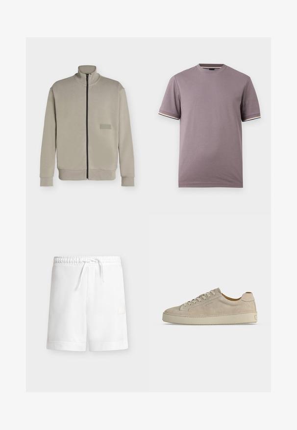 Veste beige à fermeture éclair avec col montant, manches longues et petit patch logo rectangulaire sur la poitrine gauche indiquant "BOSS".; T-shirt manches courtes violet mat à col rond avec bordures rayées contrastées aux poignets et à l'encolure.; Short blanc décontracté avec taille élastique et cordon, présentant un petit patch rectangulaire sur la zone de la poche latérale, sur un fond uni.; Baskets basses beiges en daim avec fermeture lacée et semelle épaisse en caoutchouc, vues de profil sur fond blanc uni.