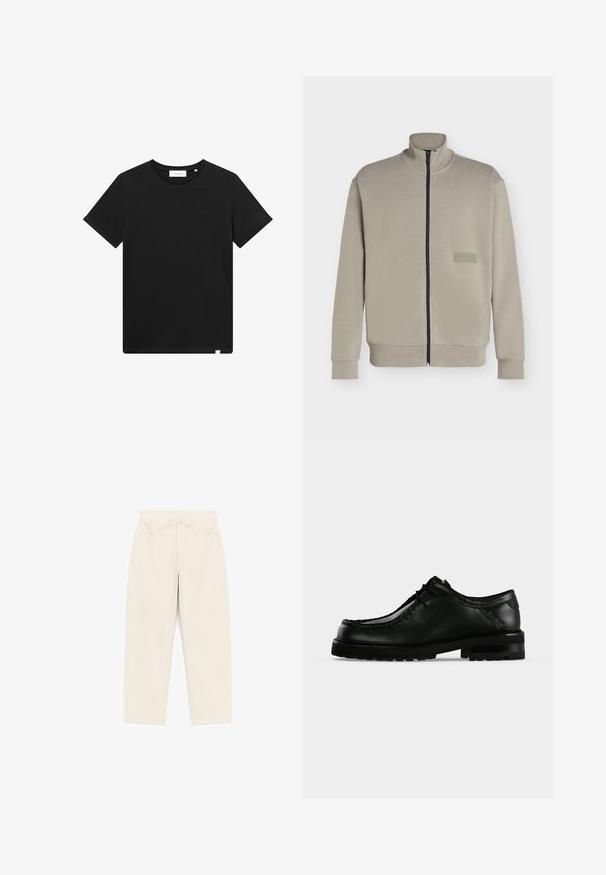 Beige jakke med lynlås, høj krave, lange ærmer og et lille rektangulært logopatch på venstre bryst med teksten "BOSS".; Sort kortærmet T-shirt lavet af bomuld, med rund hals og et lille logo broderet på brystet. Glat tekstur, standard pasform.; Beige bukser med høj talje og lige ben, forrest med knaplukning, bæltestropper, to forlommer og to baglommer.; Sort læder snøresko med tyk gummisål og moc toe-syning, vist fra venstre side på ensartet lys baggrund.
