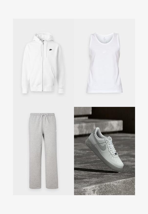 Witte hoodie met ritssluiting gemaakt van een zachte katoenmix. Voorzien van een zwart Nike-logo, voorzakken en een verstelbare capuchon met trekkoord. Gladde textuur.; Witte katoenen top met een ronde halslijn, zonder mouwen en een klein ton-sur-ton Nike-logo op de voorkant. Zachte textuur.; Grijze joggingbroek met een elastische tailleband en trekkoord. Gemaakt van zachte stof, met rechte pijpen en subtiel logodetail.; Witte Nike Air Force 1 sneaker zwevend boven een geribbelde betonnen ondergrond met stenen traptreden op de achtergrond.