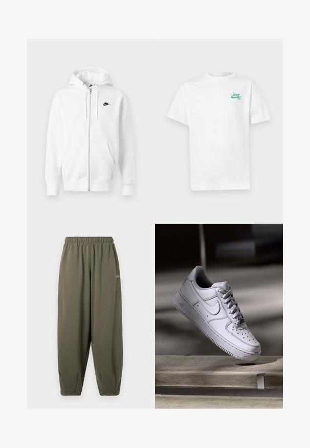 Hvid lynlåshættejakke lavet af blødt bomuldsblend. Har et sort Nike-logo, forlommer og justerbar snøre i hætten. Glat tekstur.; Hvid bomulds t-shirt med et lille grønt Nike-logo på venstre bryst. Korte ærmer og klassisk crew neck-design. Blød tekstur.; Grågrønne sweatpants med elastisk talje og manchetter. Har minimal branding i matchende tråd på siden. Blød tekstur.; Hvid læder Nike Air Force 1 sneaker med perforeret tå, flade snørebånd og tekstureret gummisål med "AIR" branding på siden.