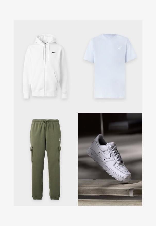 Biela mikina na zips vyrobená z mäkkej bavlnenej zmesi. Má čierne logo Nike, predné vrecká a nastaviteľnú kapucňu so sťahovacou šnúrkou. Jemná textúra.; Svetlomodré bavlnené tričko s krátkymi rukávmi, okrúhlym výstrihom a bielym logom Nike potlačeným na ľavej hrudi. Hladká textúra, jednoduchý dizajn.; Olivové cargo nohavice s elastickým pásom, šnúrkovým zapínaním, bočnými vreckami a značkovým logom na stehne. Hladká zmes bavlny.; Biely kožený teniska Nike Air Force 1 má perforovanú špičku, ploché šnúrky a štruktúrovanú gumovú podrážku s nápisom „AIR“ na boku.