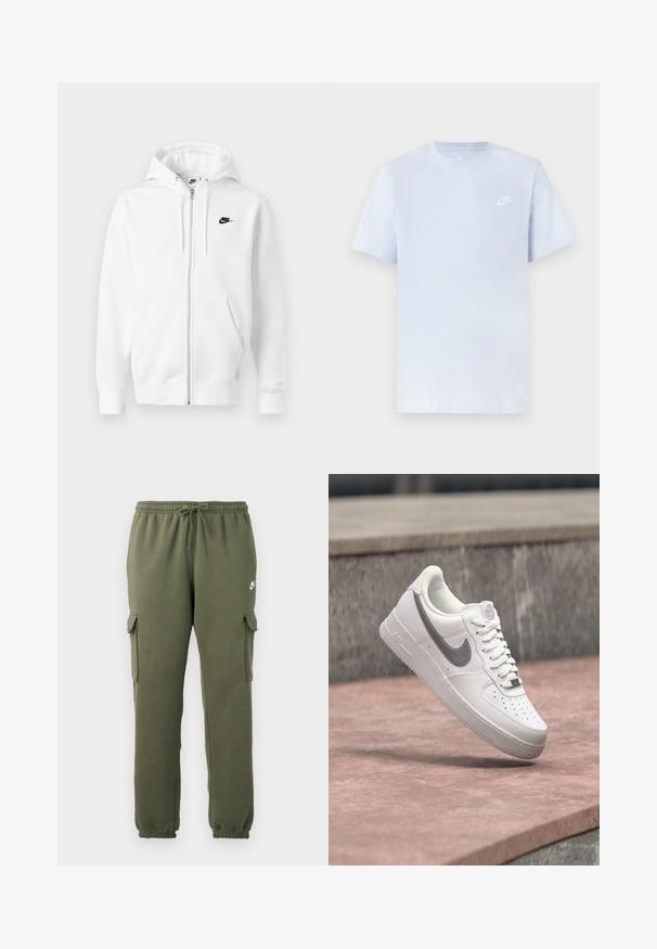 Biela mikina na zips vyrobená z mäkkej bavlnenej zmesi. Má čierne logo Nike, predné vrecká a nastaviteľnú kapucňu so sťahovacou šnúrkou. Jemná textúra.; Svetlomodré bavlnené tričko s krátkymi rukávmi, okrúhlym výstrihom a bielym logom Nike potlačeným na ľavej hrudi. Hladká textúra, jednoduchý dizajn.; Olivové cargo nohavice s elastickým pásom, šnúrkovým zapínaním, bočnými vreckami a značkovým logom na stehne. Hladká zmes bavlny.; Biela teniska Nike Air Force 1 so sivým logom swoosh, ktorá visí nad kamenným povrchom a sivou kamennou stenou v pozadí.