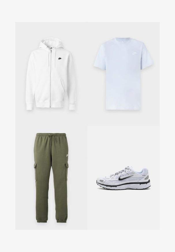 Weißer Hoodie mit Reißverschluss aus weicher Baumwollmischung. Verfügt über ein schwarzes Nike-Logo, Vordertaschen und eine verstellbare Kapuze mit Kordelzug. Glatte Textur.; Hellblaue Baumwoll-T-Shirt mit kurzen Ärmeln, Rundhalsausschnitt und einem weißen Nike-Logo, das auf der linken Brust gedruckt ist. Glatte Textur, schlichtes Design.; Olivgrüne Cargo-Hosen mit elastischem Bund, Kordelzugverschluss, Seitentaschen und logo auf dem Oberschenkel. Glattes Baumwollmischgewebe.; Weißer Laufschuh mit Obermaterial aus Mesh, abgerundetem Zeh, schwarzen Akzenten und gemusterter Sohle. Verfügt über Schnürung und Branding an der Seite.