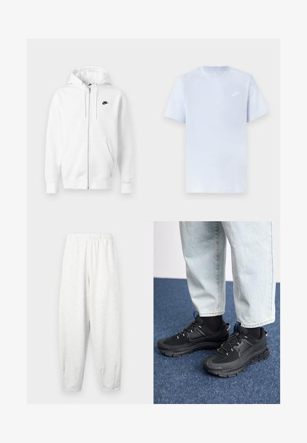 Witte hoodie met ritssluiting gemaakt van een zachte katoenmix. Voorzien van een zwart Nike-logo, voorzakken en een verstelbare capuchon met trekkoord. Gladde textuur.; Lichtblauwe katoenen t-shirt met korte mouwen, ronde hals en een wit Nike-logo gedrukt op de linkerborst. Glad textuur, eenvoudig ontwerp.; Lichtgrijze sweatpants gemaakt van zachte stof, met een elastische tailleband, taps tolopende benen en enkelmanchetten. Eenvoudig ontwerp zonder patronen.; Zwarte sportschoenen met gestructureerde stof en rubberen zolen, met elastische veters en een blauwe accent op de hiel. Draag samen met lichte spijkerbroeken.