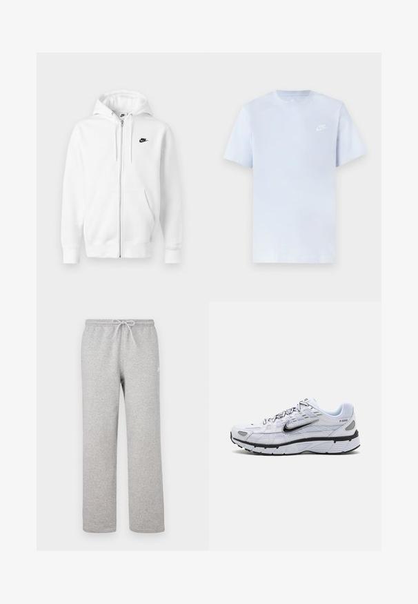 Weißer Hoodie mit Reißverschluss aus weicher Baumwollmischung. Verfügt über ein schwarzes Nike-Logo, Vordertaschen und eine verstellbare Kapuze mit Kordelzug. Glatte Textur.; Hellblaue Baumwoll-T-Shirt mit kurzen Ärmeln, Rundhalsausschnitt und einem weißen Nike-Logo, das auf der linken Brust gedruckt ist. Glatte Textur, schlichtes Design.; Graue Jogginghosen mit einem elastischen Bund und Kordelzug. Hergestellt aus weichem Stoff, zeichnen sie sich durch gerade Beine und ein dezentes Logodetail aus.; Weißer Laufschuh mit Obermaterial aus Mesh, abgerundetem Zeh, schwarzen Akzenten und gemusterter Sohle. Verfügt über Schnürung und Branding an der Seite.