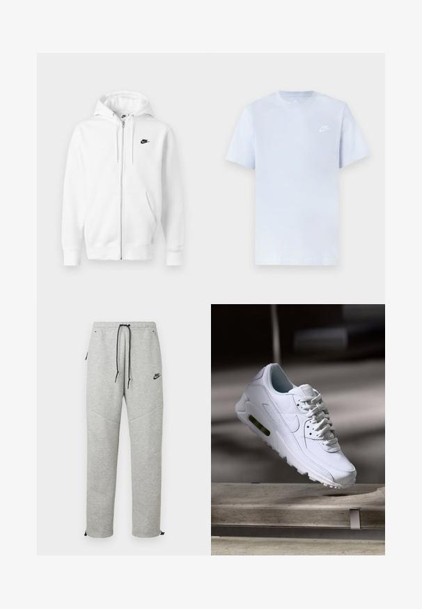 Weißer Hoodie mit Reißverschluss aus weicher Baumwollmischung. Verfügt über ein schwarzes Nike-Logo, Vordertaschen und eine verstellbare Kapuze mit Kordelzug. Glatte Textur.; Hellblaue Baumwoll-T-Shirt mit kurzen Ärmeln, Rundhalsausschnitt und einem weißen Nike-Logo, das auf der linken Brust gedruckt ist. Glatte Textur, schlichtes Design.; Graue Nike Sweatpants mit einem Kordelzugbund, Seitentaschen und elastischen Bündchen. Sie haben eine glatte Textur und ein kontrastierendes schwarzes Logodetail.; Weiße Lederturnschuhe mit strukturierten Oberflächen, gepolstertem Kragen und sichtbarer Luftpolsterung in der Sohle. Verfügt über Schnürsenkel und ein minimalistisches Design.