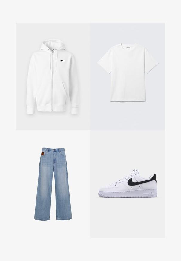 Witte hoodie met ritssluiting gemaakt van een zachte katoenmix. Voorzien van een zwart Nike-logo, voorzakken en een verstelbare capuchon met trekkoord. Gladde textuur.; Witte T-shirt met korte mouwen en ronde hals, plat gelegd, effen ontwerp, met een "WEEKDAY" label in de kraag op een lichte achtergrond.; Lichtblauwe wijde jeans met hoge taille en een klein kleurrijk geweven detail dat uit de rechtervoorkant van de broekzak steekt.; Witte leren sneaker met een gestructureerde zwarte Swoosh, platte veters en een rubberen zool met een geribbeld patroon. "AIR" is in de hak geperst.