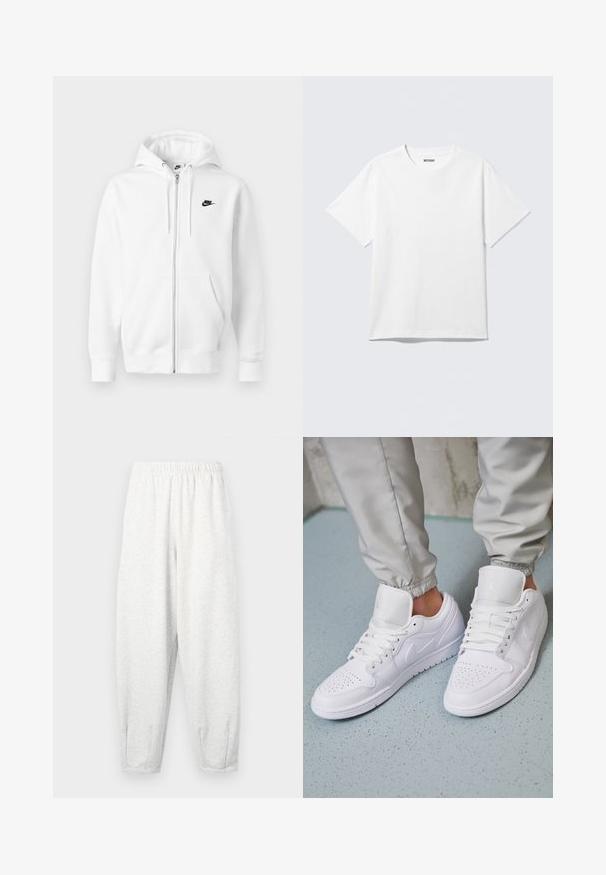 Hvid lynlåshættejakke lavet af blødt bomuldsblend. Har et sort Nike-logo, forlommer og justerbar snøre i hætten. Glat tekstur.; Hvid kortærmet crewneck T-shirt lagt fladt ud, ensfarvet design, med "WEEKDAY" mærkat inde i kraven på en lys baggrund.; Lyse grå sweatsbukser lavet af blødt stof, med elastisk talje, tætsiddende ben og ankelmanchetter. Simpelt design uden mønstre.; Hvide lædersneakers har en perforeret tåboks, flade snørebånd, polstret krave og Jordan-logoet på tungen. Båret med grå joggers.