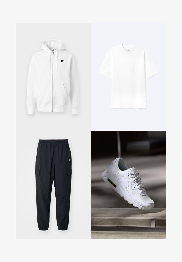Hvid lynlåshættejakke lavet af blødt bomuldsblend. Har et sort Nike-logo, forlommer og justerbar snøre i hætten. Glat tekstur.; Enkel hvid T-shirt med korte ærmer og rund hals med afslappet pasform, vist på en lys baggrund.; Sorte cargo-bukser lavet af letvægtsmateriale, der har en elastisk talje, sidelommer og en afslappet pasform med elastiske manchetter.; Hvide Nike Air Max 90 sneakers med en overdel i mesh og læder, perforeret tåboks og en synlig luftenhed i hælen.