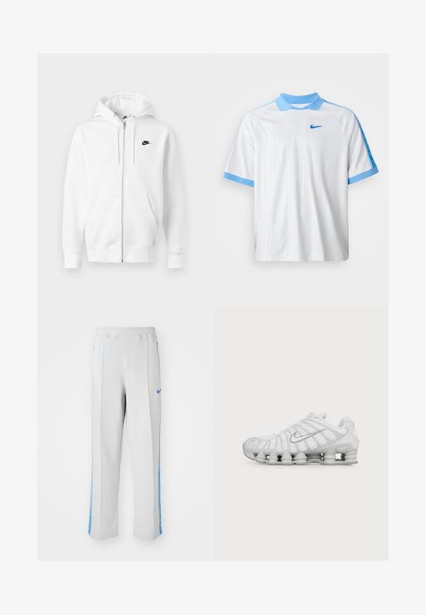 Weißer Hoodie mit Reißverschluss aus weicher Baumwollmischung. Verfügt über ein schwarzes Nike-Logo, Vordertaschen und eine verstellbare Kapuze mit Kordelzug. Glatte Textur.; Weißes Nike Sportshirt mit hellblauem Kragen, Ärmelabschlüssen und Schulterstreifen, versehen mit einem kleinen blauen Nike-Swoosh auf der Brust.; Hellegraue Sporthose mit blauen Seitenstreifen, im entspannten Schnitt, mit elastischem Bund und Reißverschlusstaschen. Nike-Logo auf der Vorderseite.; Weißer Nike Laufschuh mit sichtbarer luftgepolsterter Sohle und silbernem Swoosh-Logo an der Seite, von der Außenseite gezeigt.