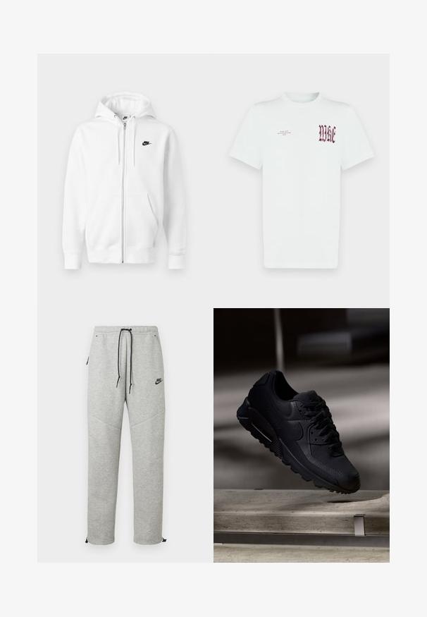 Valge ees lukuga kapuutsiga pusa, valmistatud pehmest puuvillasegust. Omab musta Nike logo, ees taskud ja reguleeritava nööriga kapuuts. Sile tekstuur.; Valge puuvillane t-särk, millel on vasakul rinnal punane "NIKE" graafika ja tekst. Lühikesed varrukad ja ümara kaelusega disain, sile tekstuur.; Hallid Nike spordipüksid, millel on nööriga vöökoht, küljetaskud ja elastsed mansetid. Omab siledat tekstuuri ja kontrastset musta logo detaili.; Mustade Nike Air Max 90 spordijalatsid, millel on tekstuuriga võrkkanga pealispind, siledad nahkaktsenti, pehme kaelus ja nähtav õhukaitse taldades.