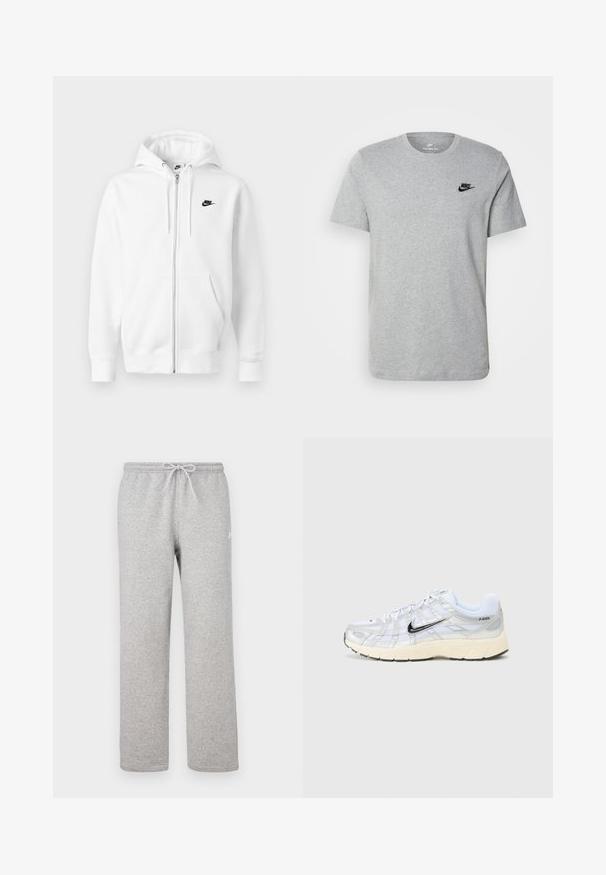 Weißer Hoodie mit Reißverschluss aus weicher Baumwollmischung. Verfügt über ein schwarzes Nike-Logo, Vordertaschen und eine verstellbare Kapuze mit Kordelzug. Glatte Textur.; Graues T-Shirt mit kurzen Ärmeln aus Baumwolle, mit einem schwarzen Nike-Logo auf der Brust und einem runden Ausschnitt. Minimalistisches Design ohne Muster.; Graue Jogginghosen mit einem elastischen Bund und Kordelzug. Hergestellt aus weichem Stoff, zeichnen sie sich durch gerade Beine und ein dezentes Logodetail aus.; Weiße Netzsneakers mit silbernen Akzenten, schwarzem Nike-Swoosh, gepolstertem Kragen und strukturiertem Sohlen. Sie weisen ein geschichtetes Design für Stabilität auf.