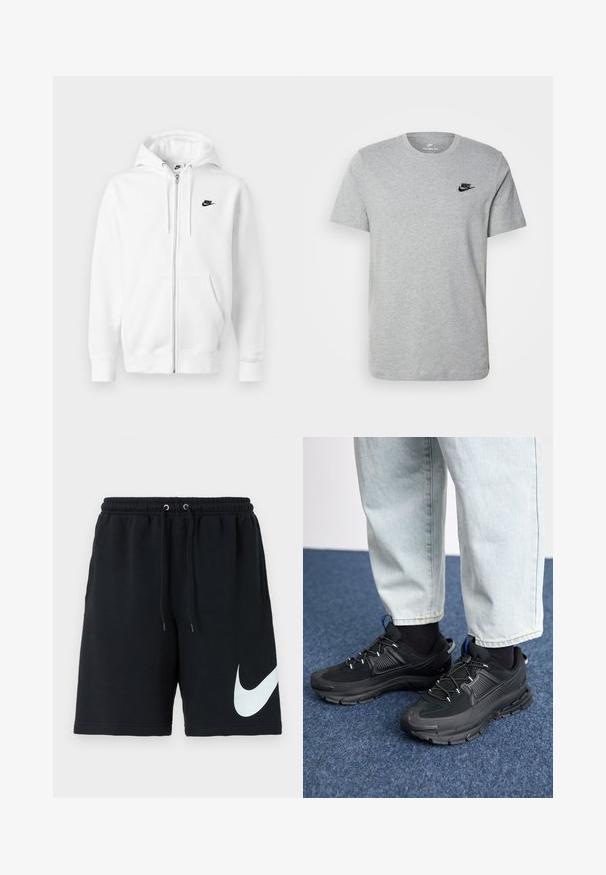 Weißer Hoodie mit Reißverschluss aus weicher Baumwollmischung. Verfügt über ein schwarzes Nike-Logo, Vordertaschen und eine verstellbare Kapuze mit Kordelzug. Glatte Textur.; Graues T-Shirt mit kurzen Ärmeln aus Baumwolle, mit einem schwarzen Nike-Logo auf der Brust und einem runden Ausschnitt. Minimalistisches Design ohne Muster.; Schwarze Baumwoll-Shorts mit elastischem Taillenband, Kordelzug, Seitentaschen und einem großen weißen Nike-Logo, das auf der linken Seite aufgedruckt ist.; Schwarze Sportschuhe aus strukturiertem Stoff mit Gummisohlen, ausgestattet mit elastischen Schnürsenkeln und einem blauen Akzent an der Ferse. Getragen mit hellen Jeans.