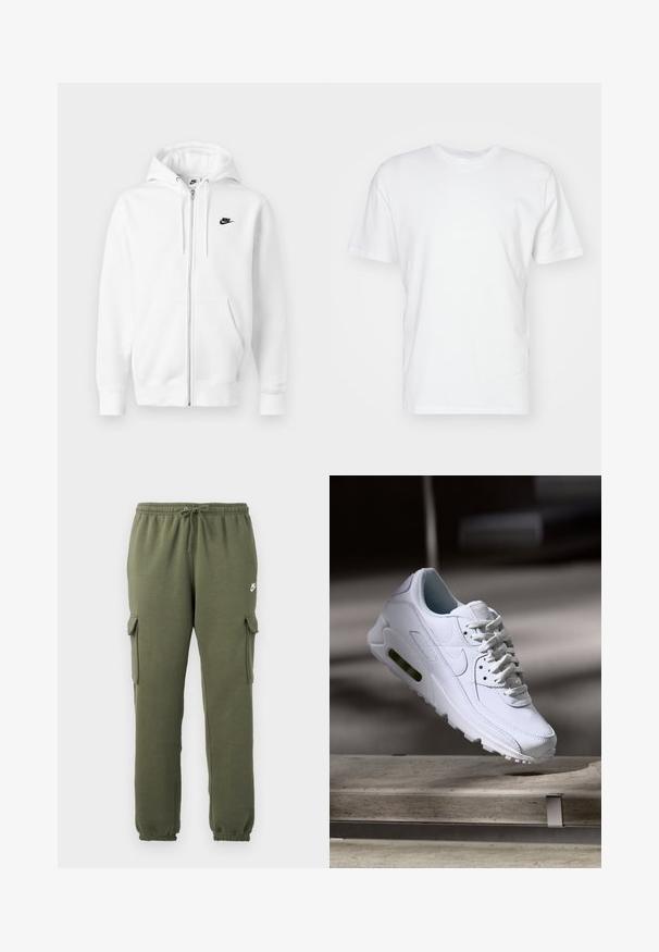 Witte hoodie met ritssluiting gemaakt van een zachte katoenmix. Voorzien van een zwart Nike-logo, voorzakken en een verstelbare capuchon met trekkoord. Gladde textuur.; Witte katoenen T-shirt met korte mouwen, ronde halslijn en een gladde textuur. Eenvoudig ontwerp zonder patronen of afbeeldingen.; Olijfgroene cargobroek met elastische tailleband, trekkoordsluiting, zijzakken en een logo op de dij. Gladde katoenmix stof.; Witte leren sneaker met gestructureerde oppervlakken, gevoerde kraag en zichtbare luchtbescherming in de zool. Heeft veters en een minimalistisch ontwerp.