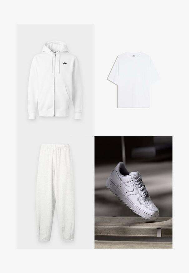 Witte hoodie met ritssluiting gemaakt van een zachte katoenmix. Voorzien van een zwart Nike-logo, voorzakken en een verstelbare capuchon met trekkoord. Gladde textuur.; Wit oversized katoenen T-shirt met een ronde hals en korte mouwen; gladde textuur, zonder zichtbare patronen of accenten.; Lichtgrijze sweatpants gemaakt van zachte stof, met een elastische tailleband, taps tolopende benen en enkelmanchetten. Eenvoudig ontwerp zonder patronen.; Witte Nike Air Force 1 sneaker van leer met geperforeerde neus, platte veters en een gestructureerde rubberen zool met "AIR"-logo aan de zijkant.