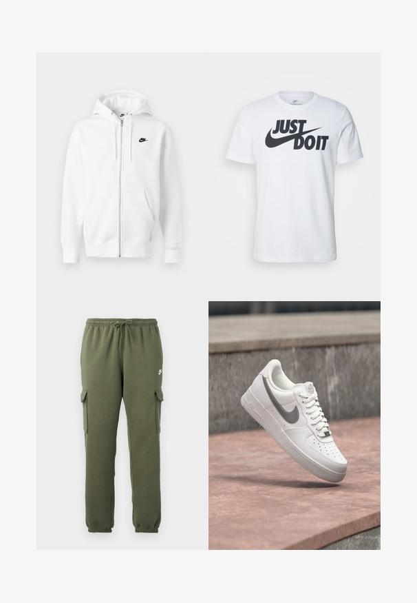 Weißer Hoodie mit Reißverschluss aus weicher Baumwollmischung. Verfügt über ein schwarzes Nike-Logo, Vordertaschen und eine verstellbare Kapuze mit Kordelzug. Glatte Textur.; Weißes Baumwoll-T-Shirt mit einem auffälligen schwarzen "Just Do It"-Logo und Nike-Swoosh. Klassisches Rundhalsausschnitt-Design mit kurzen Ärmeln.; Olivgrüne Cargo-Hosen mit elastischem Bund, Kordelzugverschluss, Seitentaschen und logo auf dem Oberschenkel. Glattes Baumwollmischgewebe.; Weißer Nike Air Force 1 Sneaker mit grauem Swoosh-Logo, der über einer Steinoberfläche und einem grauen Steinwandhintergrund schwebt.