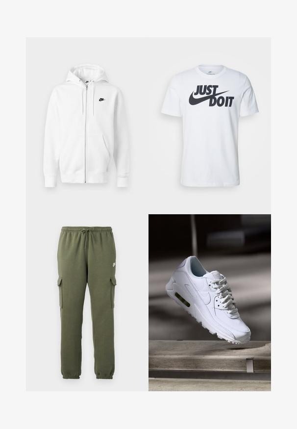 Sudadera blanca con cremallera hecha de una mezcla suave de algodón. Cuenta con un logo negro de Nike, bolsillos frontales y capucha con cordón ajustable. Textura suave.; Camiseta de algodón blanca con un prominente logo negro "Just Do It" y el swoosh de Nike. Diseño clásico de cuello redondo con mangas cortas.; Pantalones cargo verde oliva con cintura elástica, cierre con cordón, bolsillos laterales y logotipo de la marca en el muslo. Tejido suave de mezcla de algodón.; Zapatilla blanca de piel con superficies texturizadas, cuello acolchado y amortiguación de aire visible en la suela. Presenta cordones y un diseño minimalista.