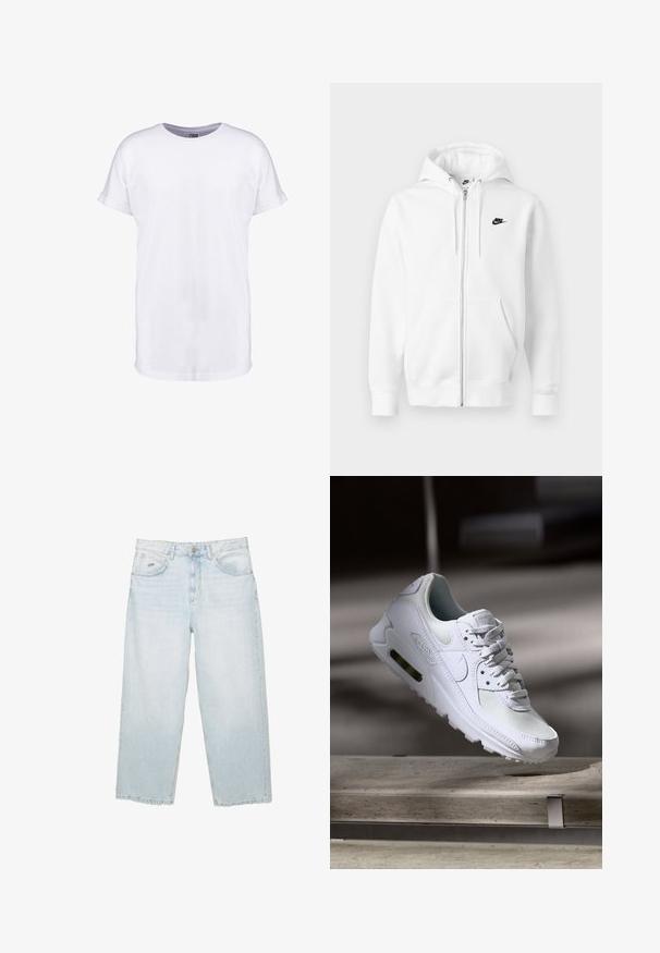 Witte hoodie met ritssluiting gemaakt van een zachte katoenmix. Voorzien van een zwart Nike-logo, voorzakken en een verstelbare capuchon met trekkoord. Gladde textuur.; Witte katoenen t-shirt met korte mouwen, ronde halslijn en een comfortabele pasvorm. Glad textuur en geen zichtbare patronen of ontwerpen.; Lichtblauwe hoge taille straight-leg jeans met een knoop aan de voorkant, zakken en een klein gemerkt metalen label op de rechter voorkzak.; Witte Nike Air Max 90 sneaker met een bovenwerk van mesh en leer, een geperforeerde teenbox en een zichtbare luchtunit in de hiel.