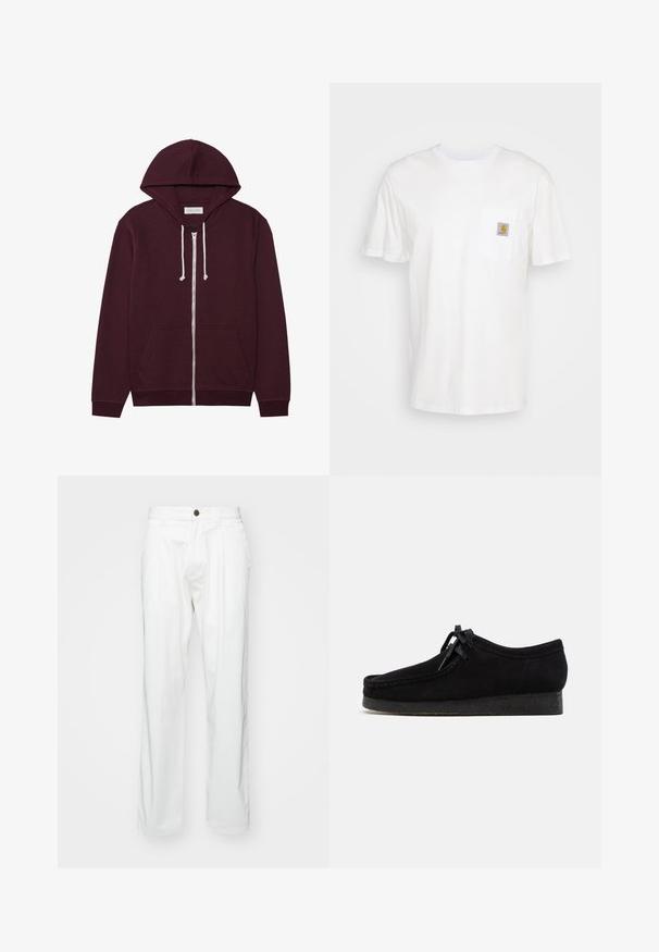 Bordeaux zip-hoodie med snoretræk i hætten, frontlommer og ribbede manchetter. Lavet af et blødt, tekstureret stof.; Hvid bomulds T-shirt med korte ærmer, en brystlomme, og et lille firkantet logo patch i orange og hvid på lommen.; Hvide bomuldsbukser med en afslappet pasform, der har knaplukning, to frontfoldninger og sidelommer. Glat tekstur, ingen mønstre.; Sorte ruskindsko med rund tådesign, snørebånd foran og en struktureret sort gummisål. Glat overflade med diskret syningsdetalje.