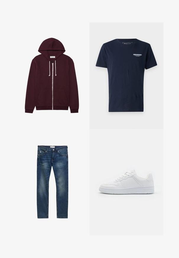 Burgunderfarbener Reißverschluss-Hoodie mit Kordelzugkapuze, Fronttaschen und gerippten Bündchen. Hergestellt aus einem weichen, strukturierten Stoff.; Marineblaue Baumwoll-T-Shirt mit Rundhalsausschnitt, kurzen Ärmeln und einem kleinen gestickten Logo auf der Brust. Klassische Passform und glatte Textur.; Dunkelblaue Jeans aus Denim im geraden Schnitt, mit leichten Waschungen, fünf Taschen, einem Reißverschluss und subtilen Kontrastnähten.; Weiße Sneaker aus glattem Synthetikmaterial, ausgestattet mit flachen Schnürsenkeln, perforierter Zehenpartie und einer gummierten Sohle mit einem strukturierten Grip-Muster.
