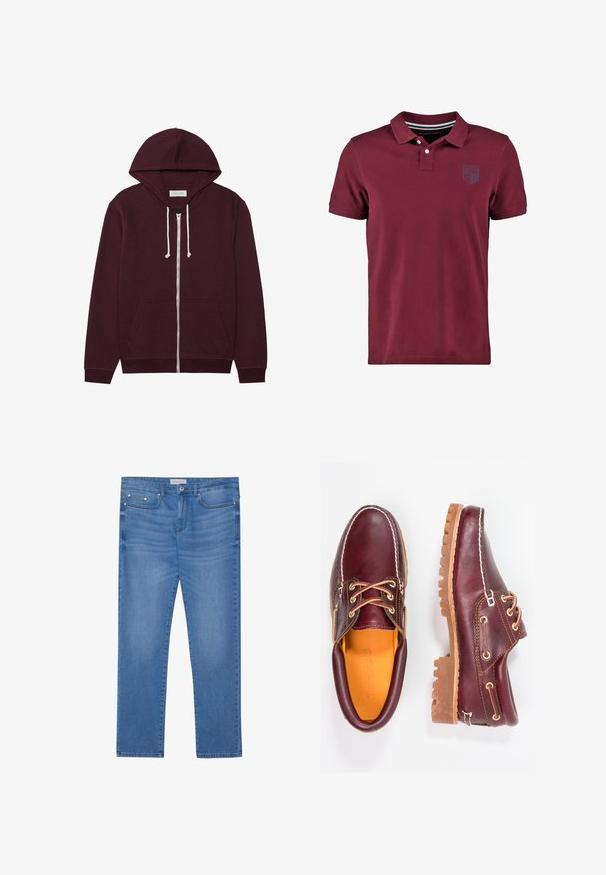 Burgundský zipový sweatshirt s kapucňou na šnúrku, prednými vreckami a rebrovanými manžetami. Vyrobený z mäkkej, štruktúrovanej tkaniny.; Bordová bavlnená polokošeľa s dvojtlačidlovým placketom, krátkymi rukávmi a malým vyšívaným logom na hrudi.; Svetlomodré džínsy s rovnou nohavicou, dizajnom s piatimi vreckami, jemným vyblednutím a kovovými akcentmi na páse a vreckách.; Bordové kožené topánky s hnedými gumovými podrážkami, okrúhlou špičkou, bielym prešívaním a zlatými kovaniami. Interiér má žlté podšívku.
